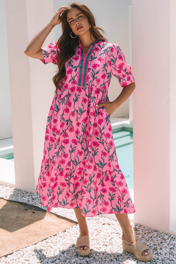 Floral Contrast Neckline A-line Puff Sleeve Long Dress