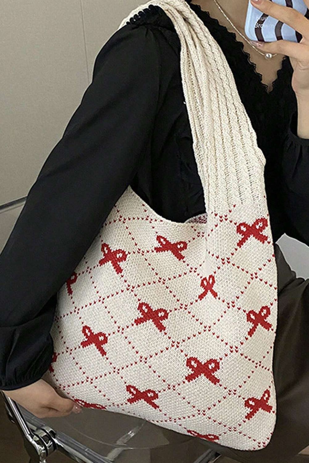Bow Argyle Pattern Cable Knit Handle Tote Bag