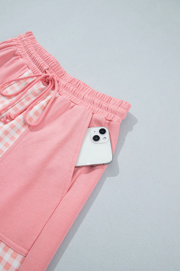 Pink Color Block Plaid Patchwork Long Sleeve Pullover Wide Leg Pant Set