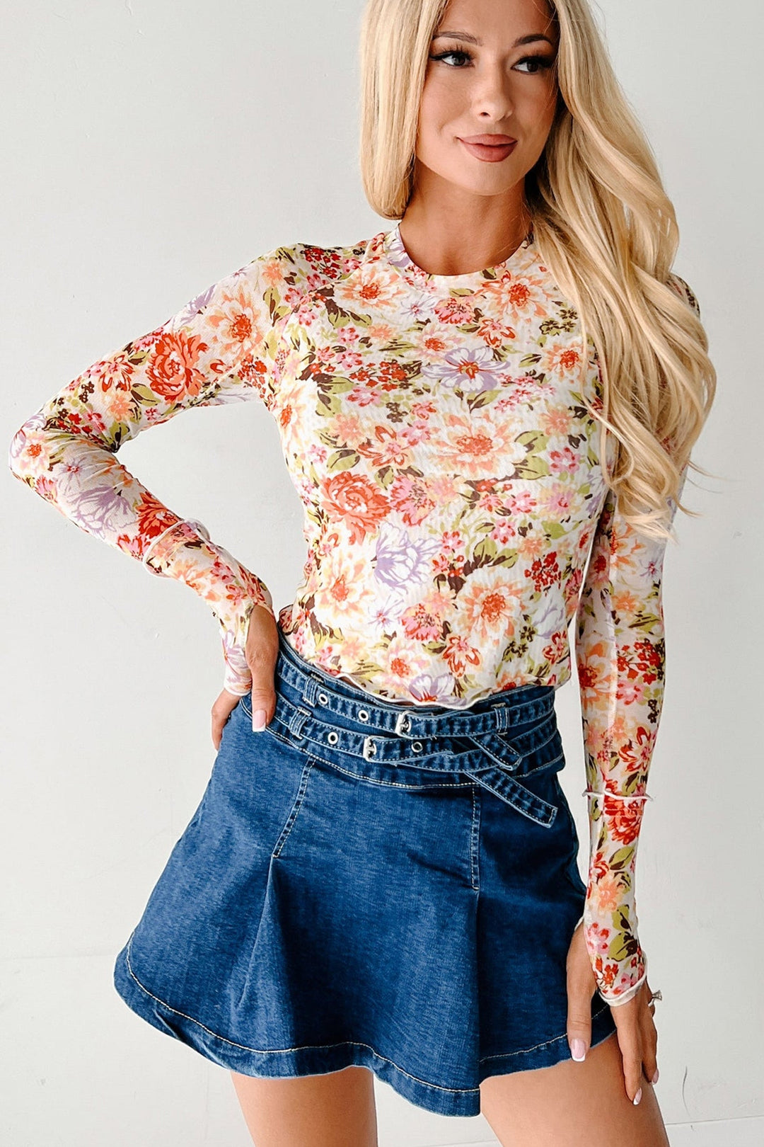 Multicolour Floral Print Mesh Thumbhole Long Sleeve Slim Top