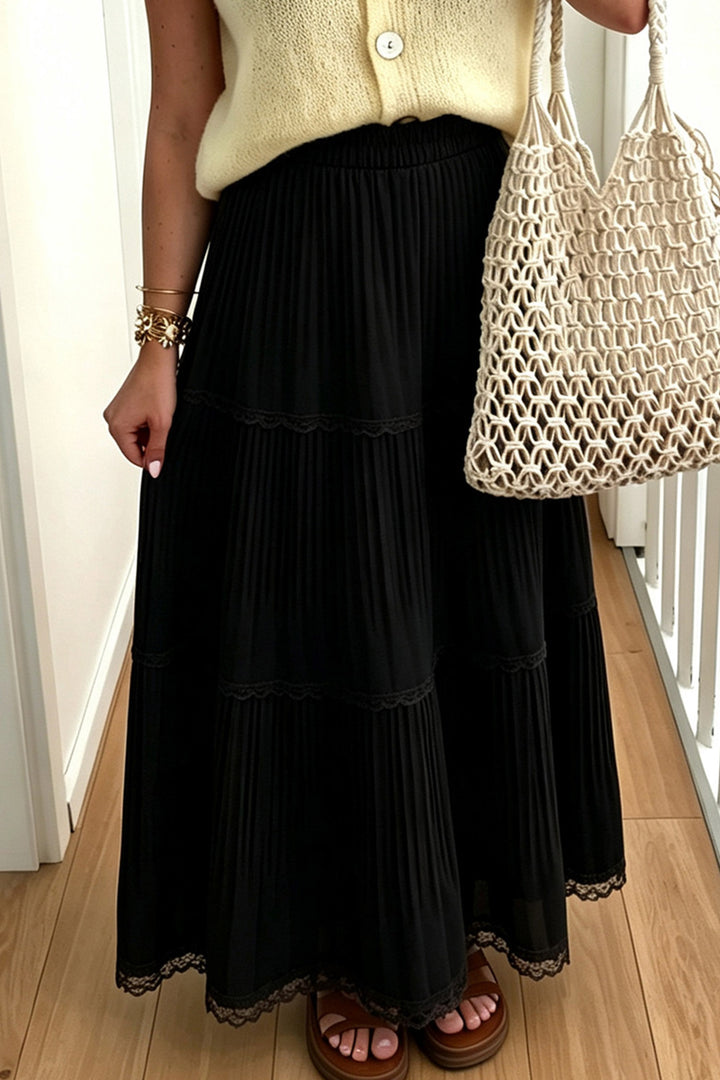 Black Solid Color Pleated Lace Trim Tiered Long Skirt