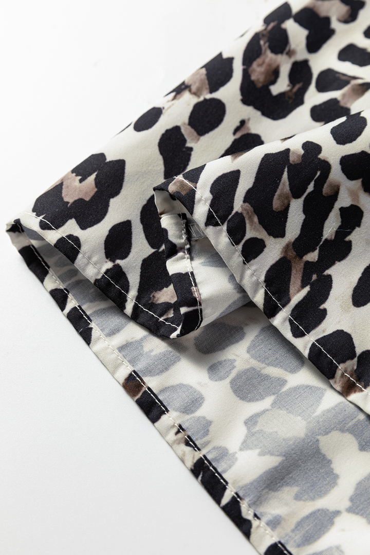 Multicolour Leopard Print Contrast Patchwork Cuffs Button Collared Top