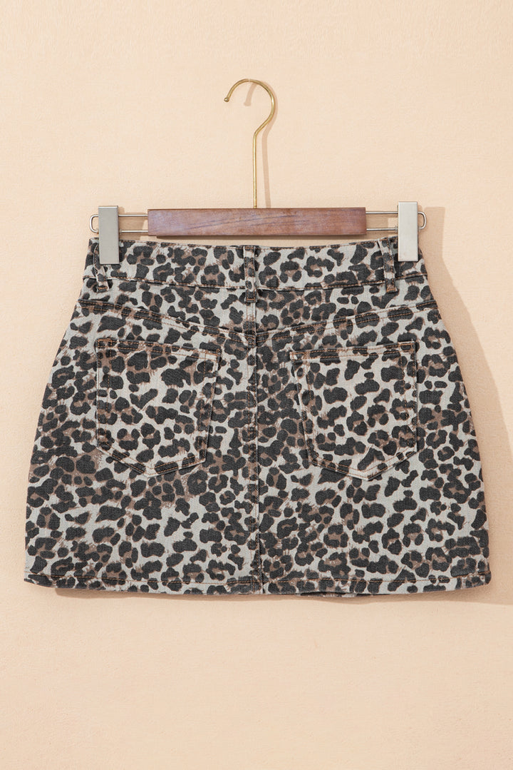 Fashion Khaki Leopard Denim Mini Skirt