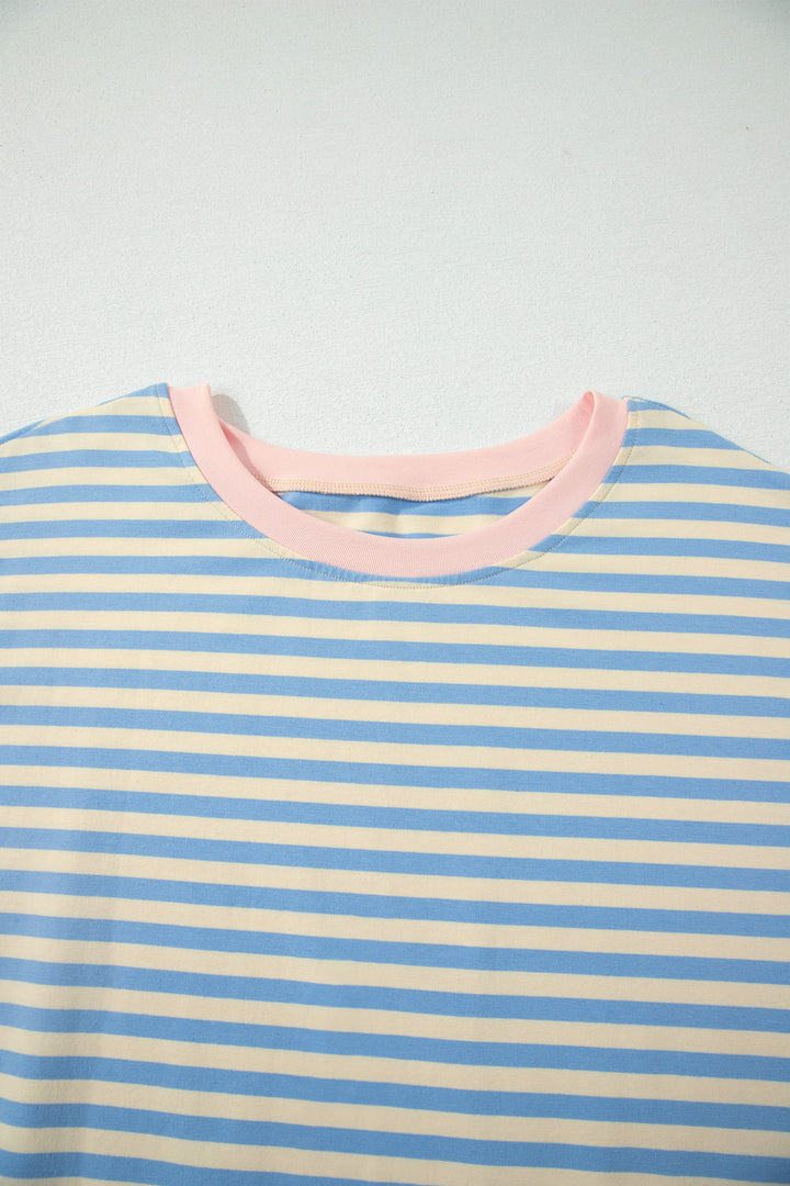 Sky Blue Stripe Plus Size Drop Shoulder Contrast Trim Round Neck Tee