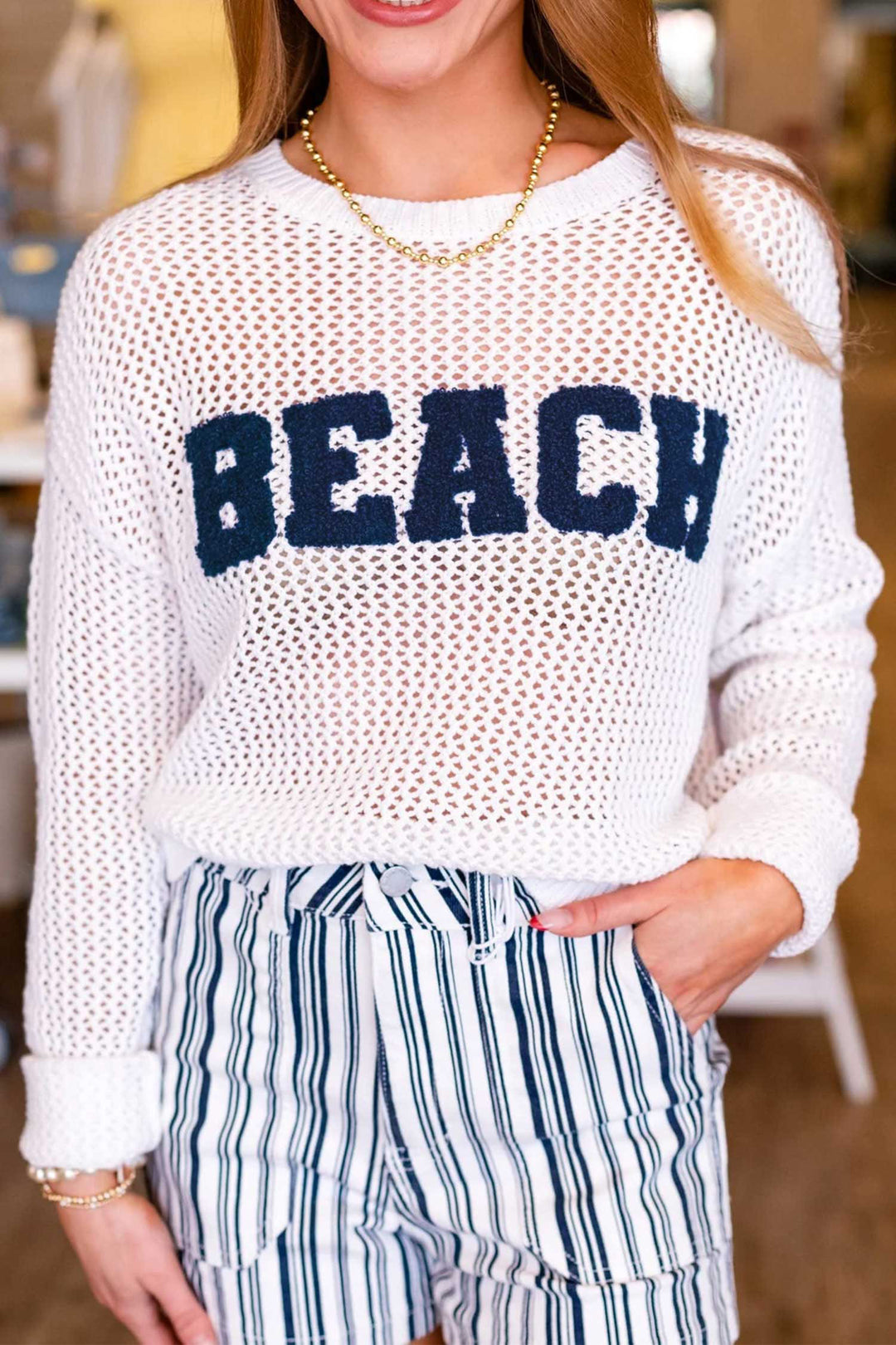 White Chenille BEACH Lettering Hollow Out Knit Sweater
