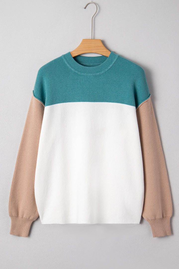 Color Block Plain Ribbed Knit Baggy Sweater