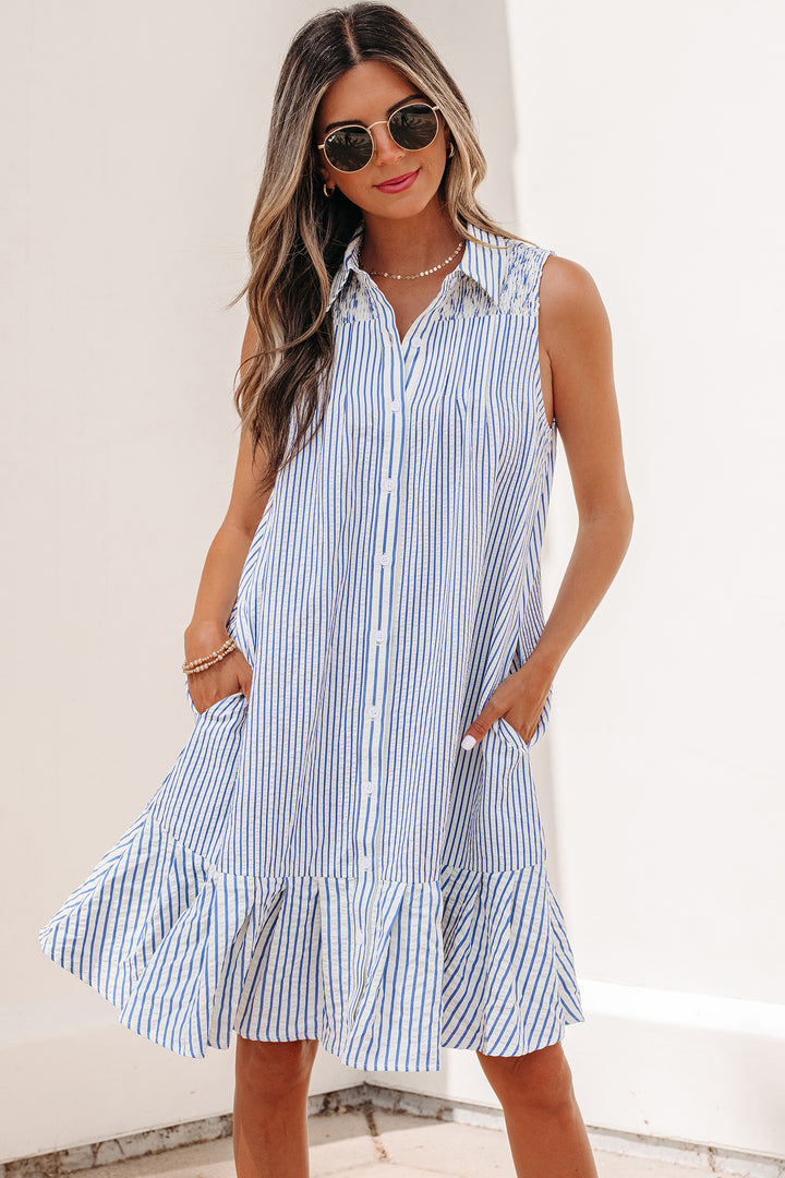 Sky Blue Stripe Shirt Collar Ruffle Hem Sleeveless Dress