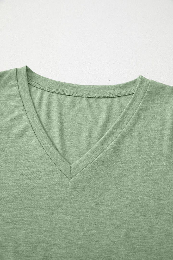 Grass Green Solid Color V Neck Long Sleeve Stretchy Top