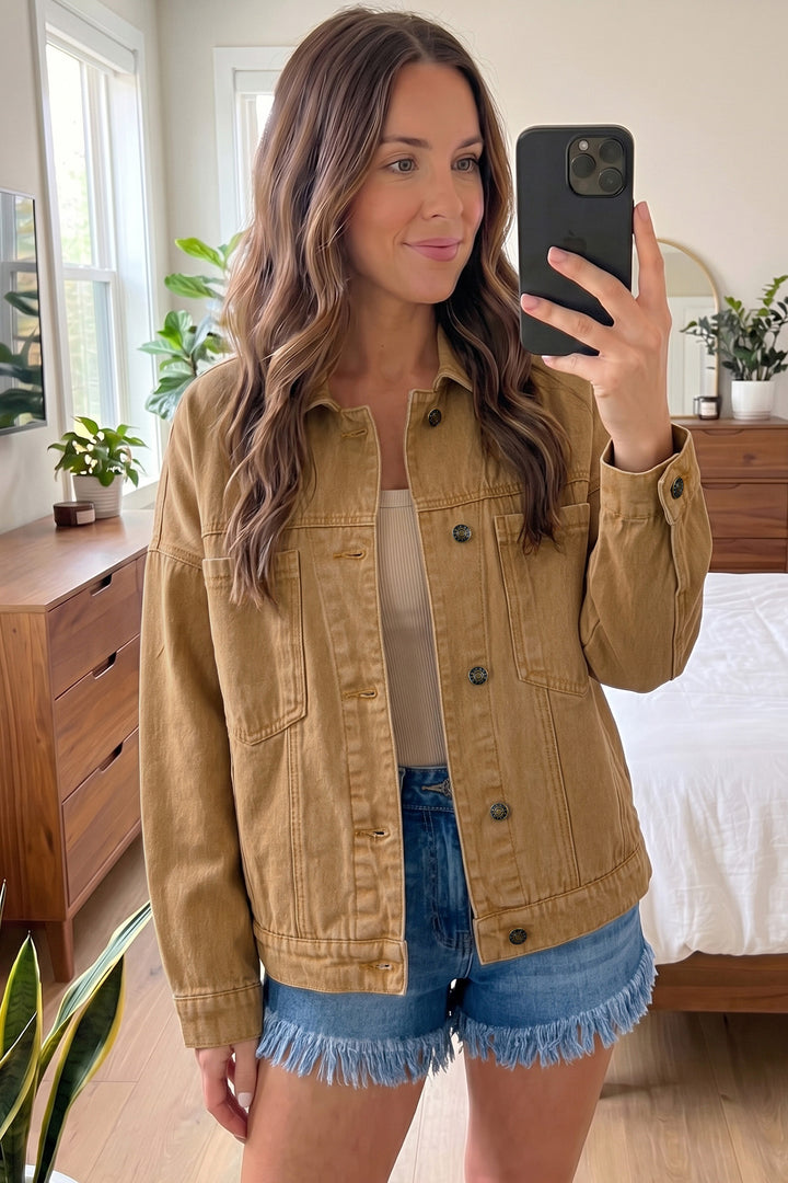 honey gold Metal Button Front Long Sleeve Collar Denim Jacket