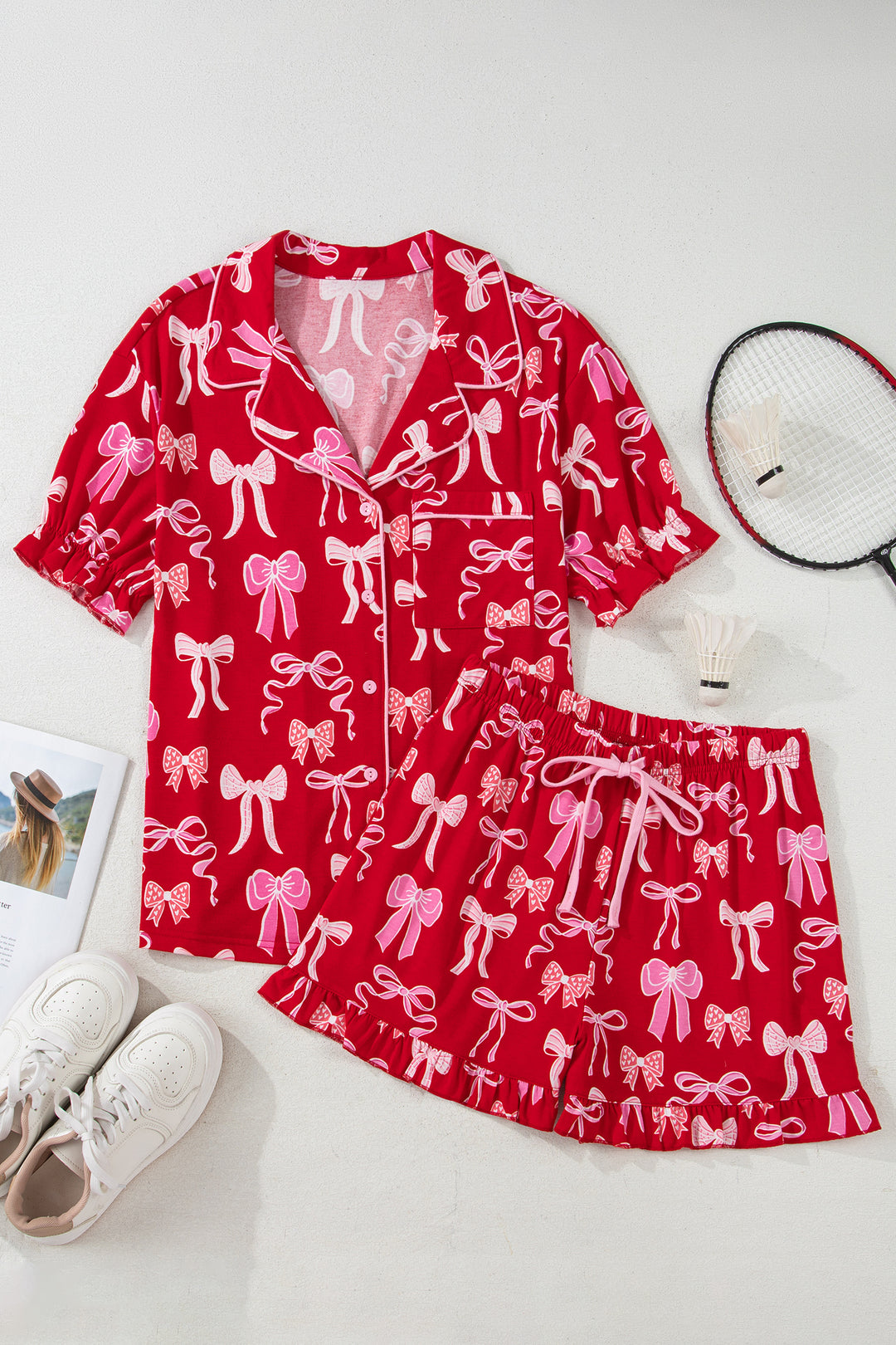 Red Sweet Bow Print Ruffled Short Sleeve Shirt Shorts 2pcs Pajama Set