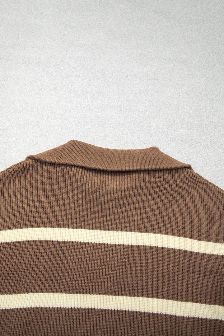 Brown Stripe Striped Colorblock Drop Shoulder V Neck Tunic Sweater T-shirt
