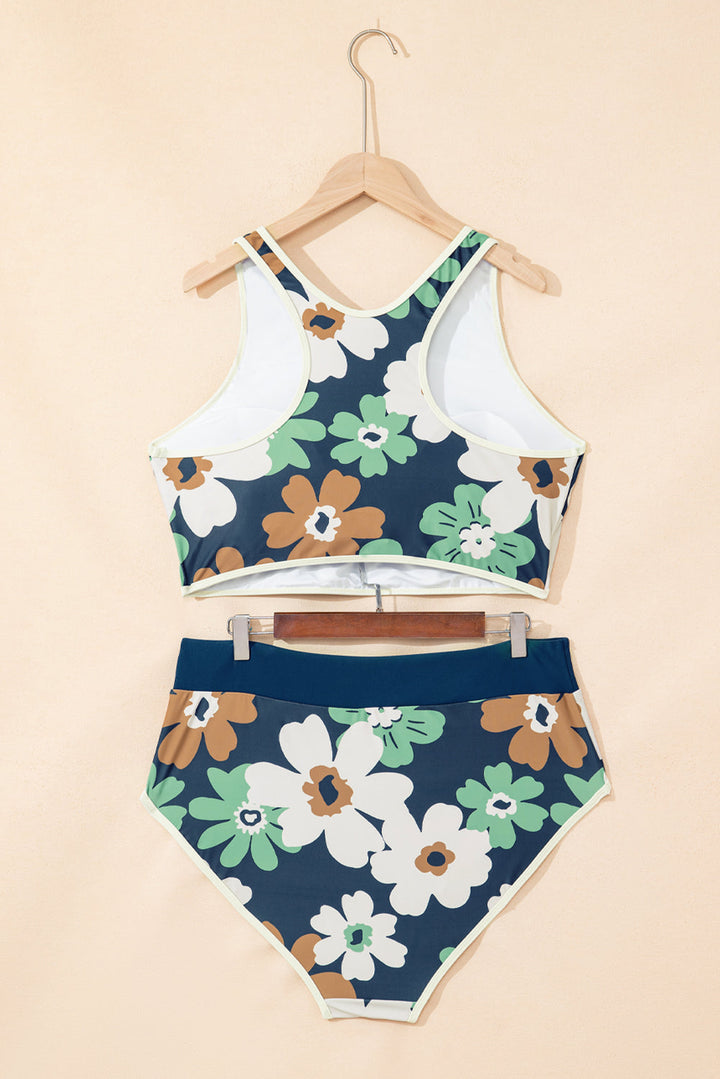 Floral Printed Zipped Plus Size Two Pieces Bikini