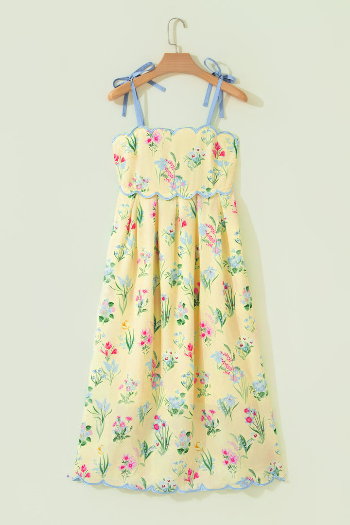 Chic Yellow Floral Print Contrast Trim Self-tie Straps High Waist Midi Dress