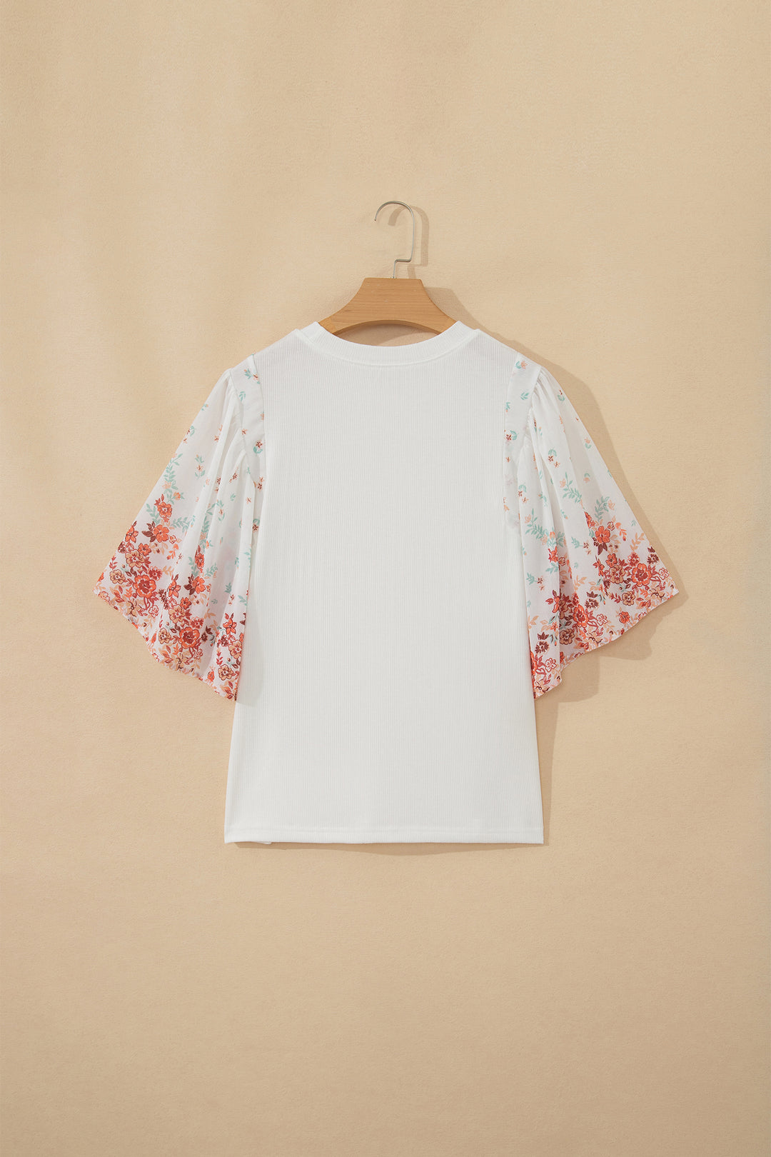 White Ribbed Texture Floral Print Half Sleeve Patchwork Top
