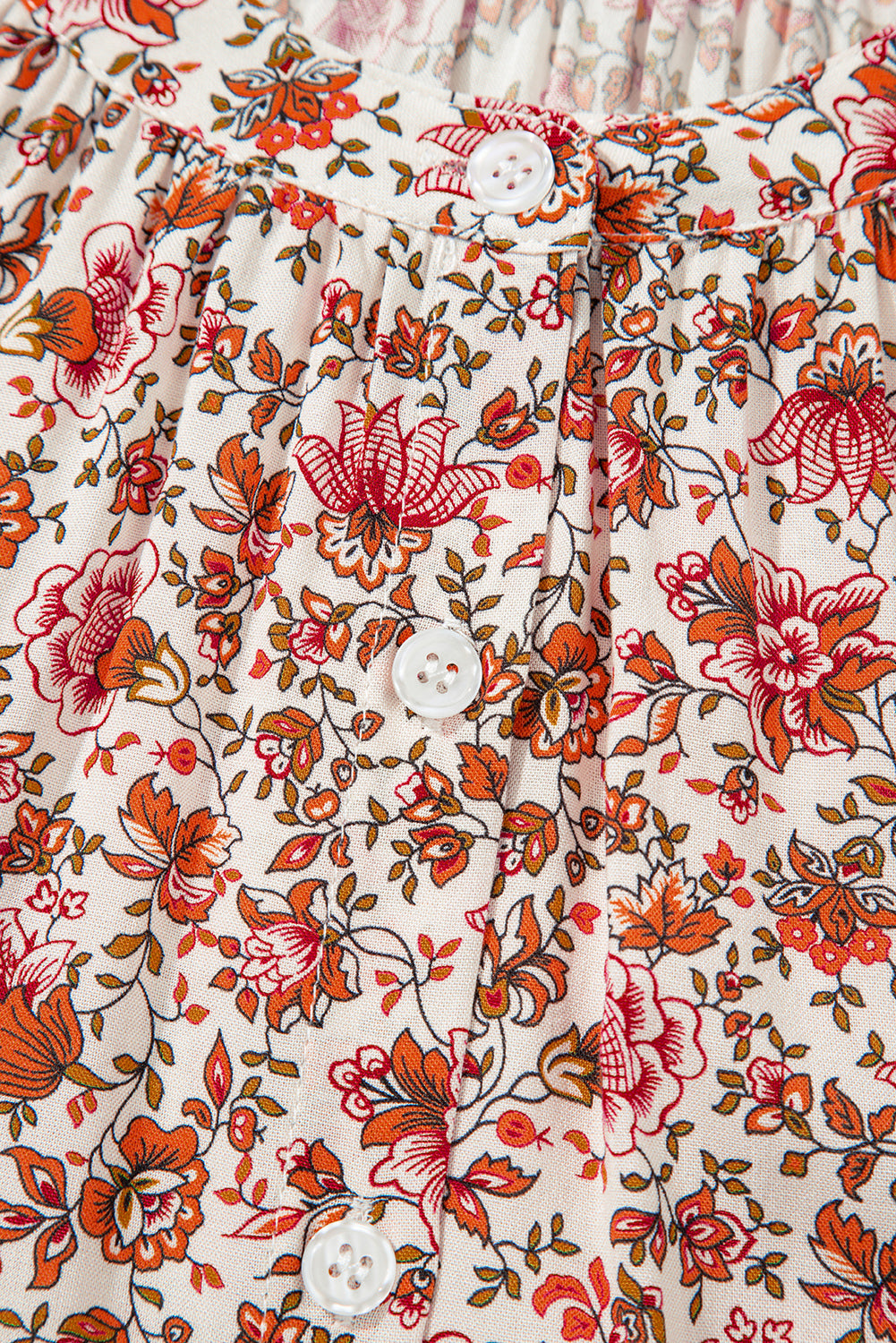 Floral Print Pleated Detail Notched Neck Puff Sleeve Blouse