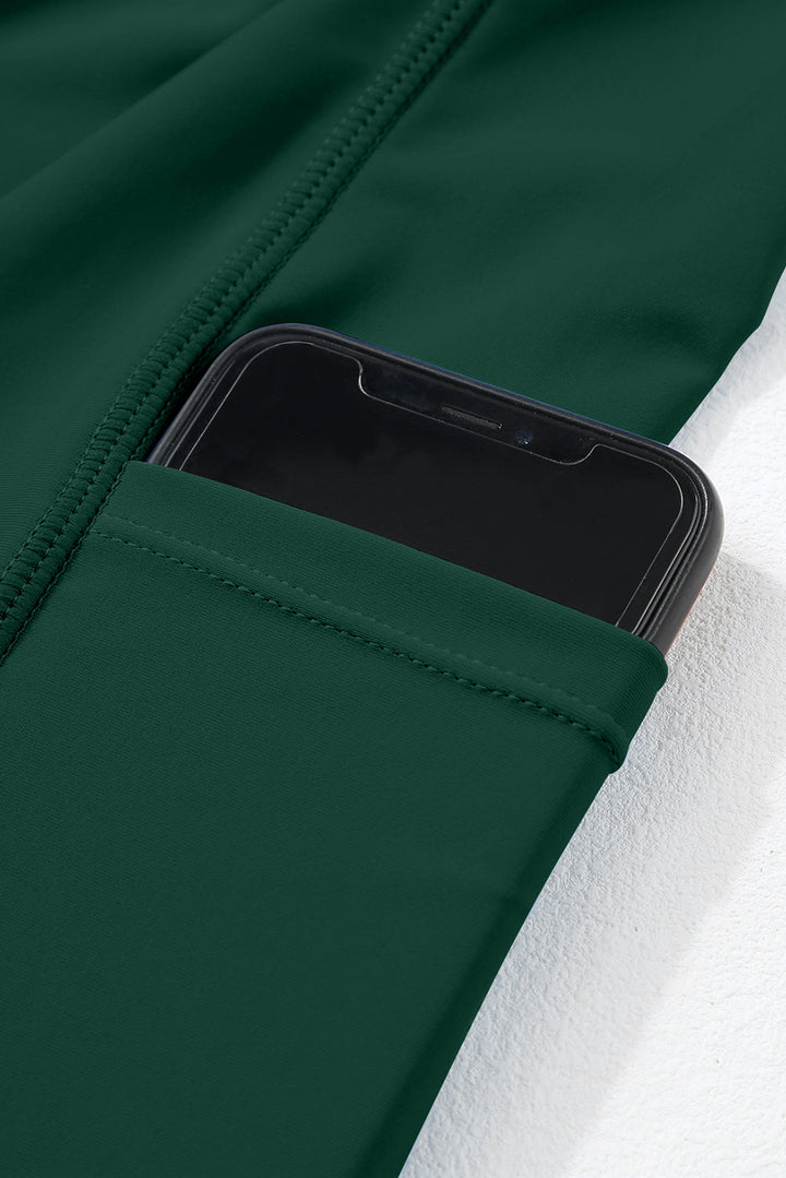 Blackish Green Color Block Edge Ribbed Pocketed Lined Swim Dress