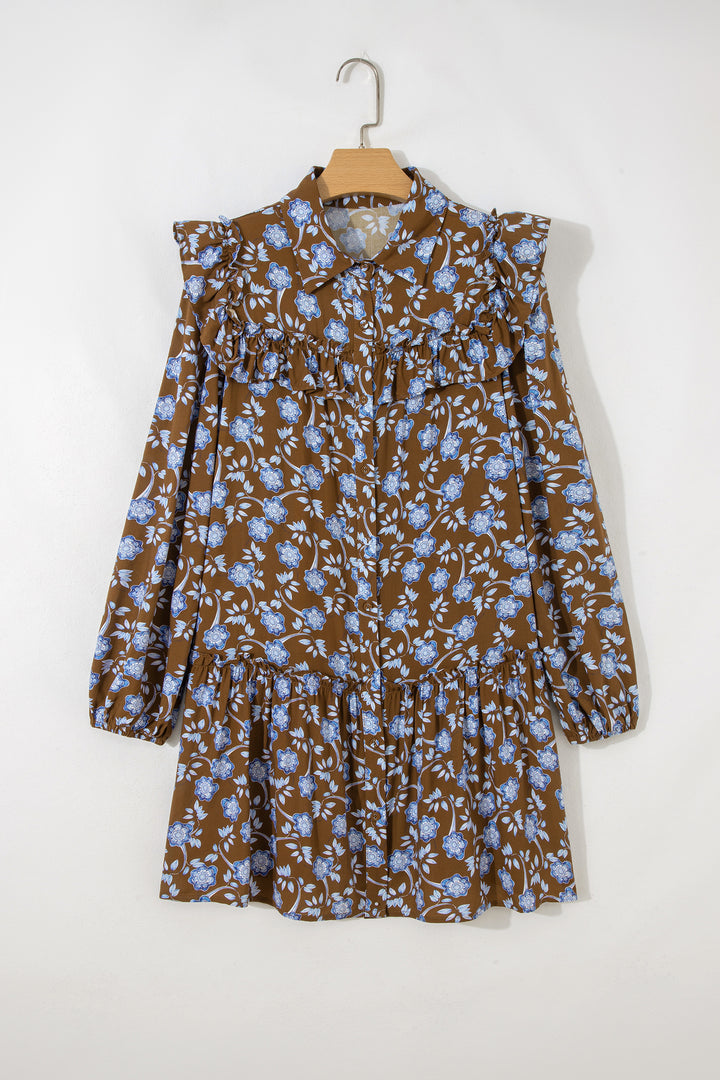 Brown Floral Print Ruffled Detail Shirt Collar Button Down Long Sleeve Dress