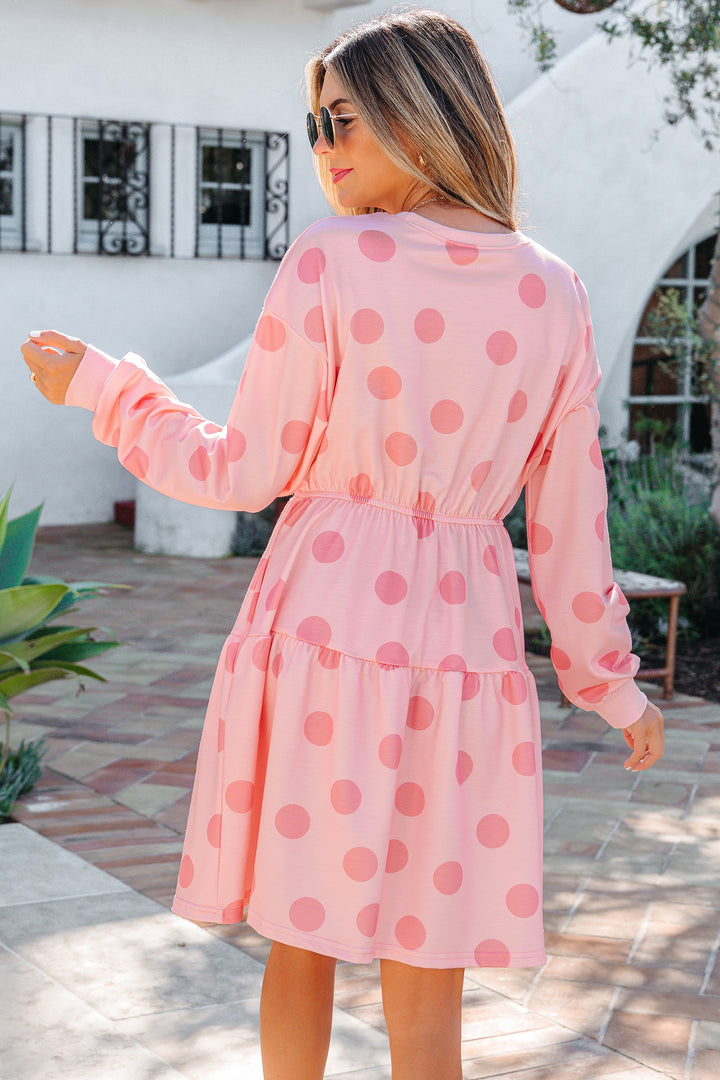Polka Dot Printed Long Sleeve Flared Mini Dress