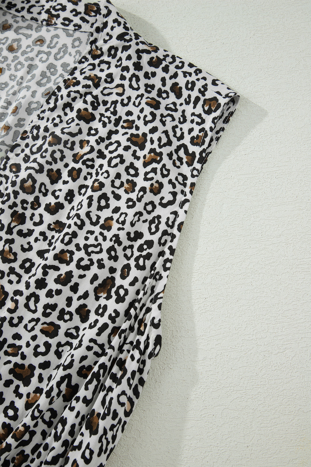 Beige Leopard Zip Front V Neck Cinched Waist Sleeveless Maxi Dress