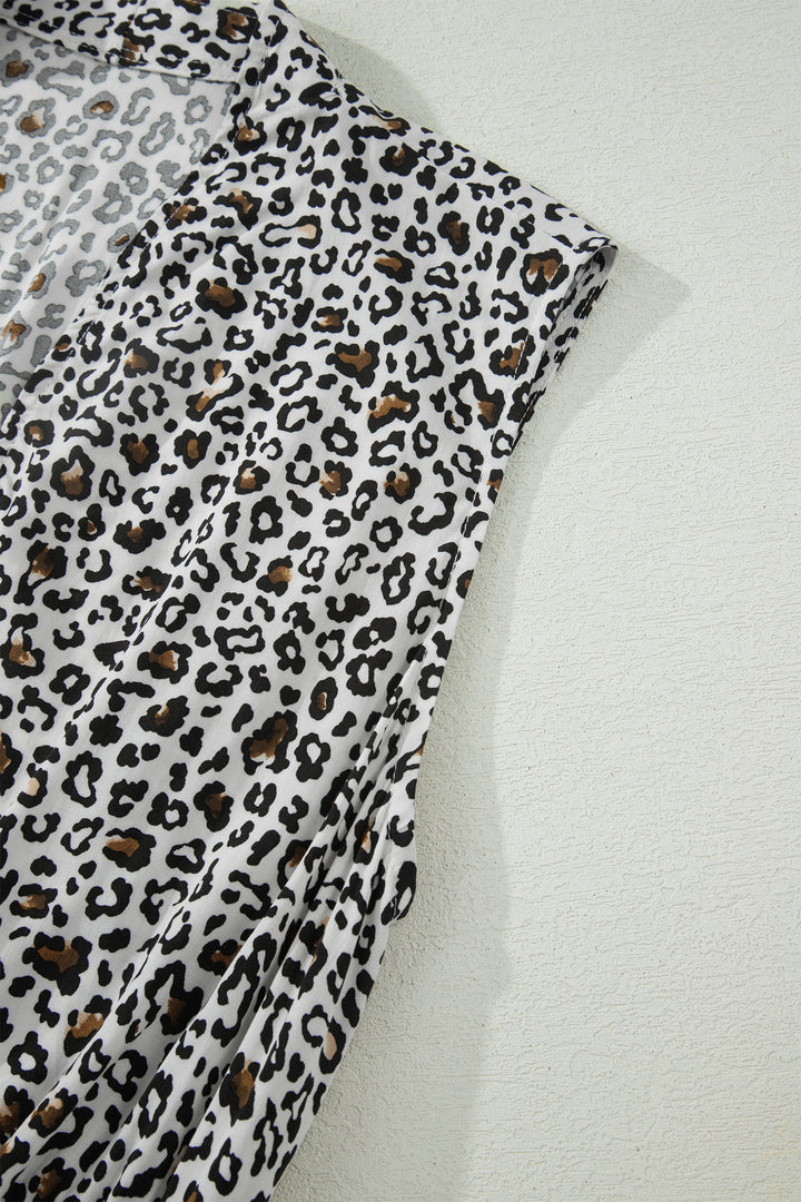 Beige Leopard Zip Front V Neck Cinched Waist Sleeveless Maxi Dress