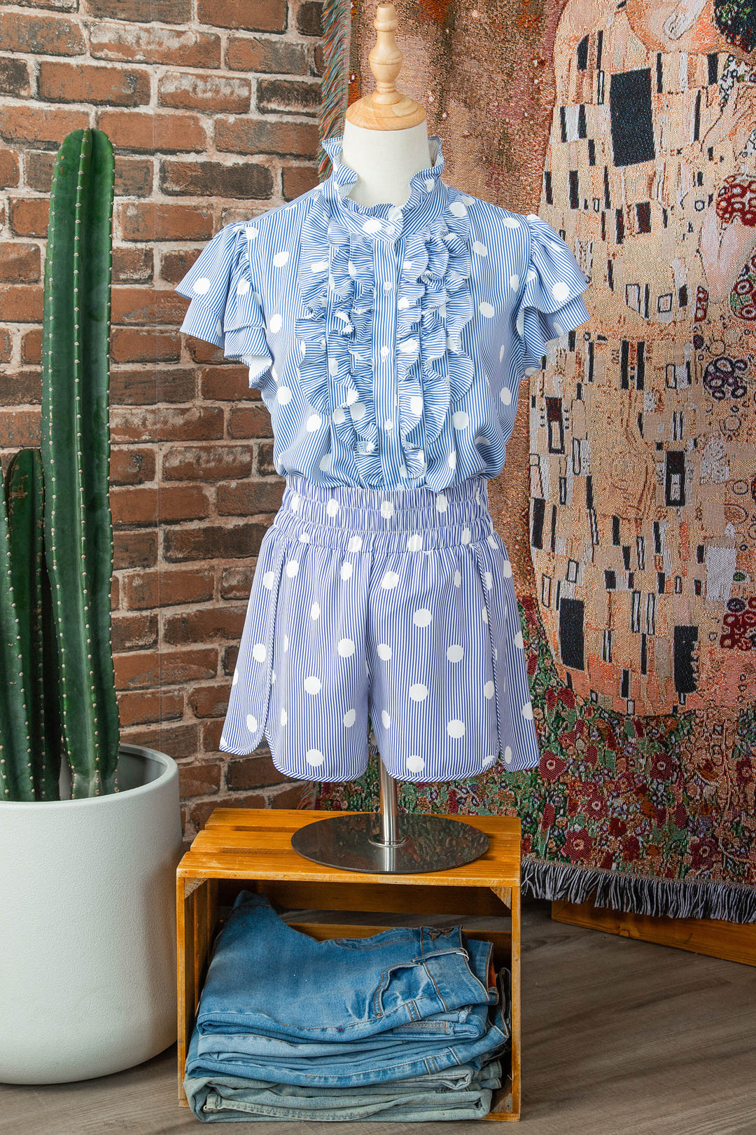 Sky Blue Polka Dot Print Shirred High Waist Casual Shorts