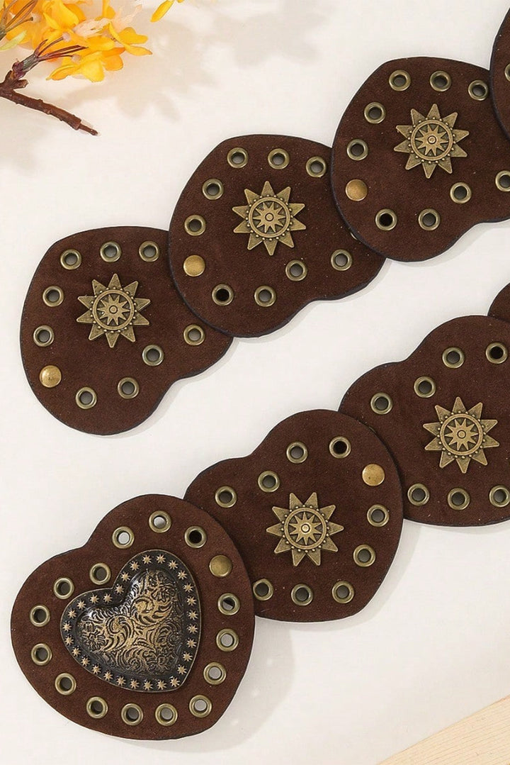 Ceinture bohème vintage en PU avec détails en bronze et cœur connecté