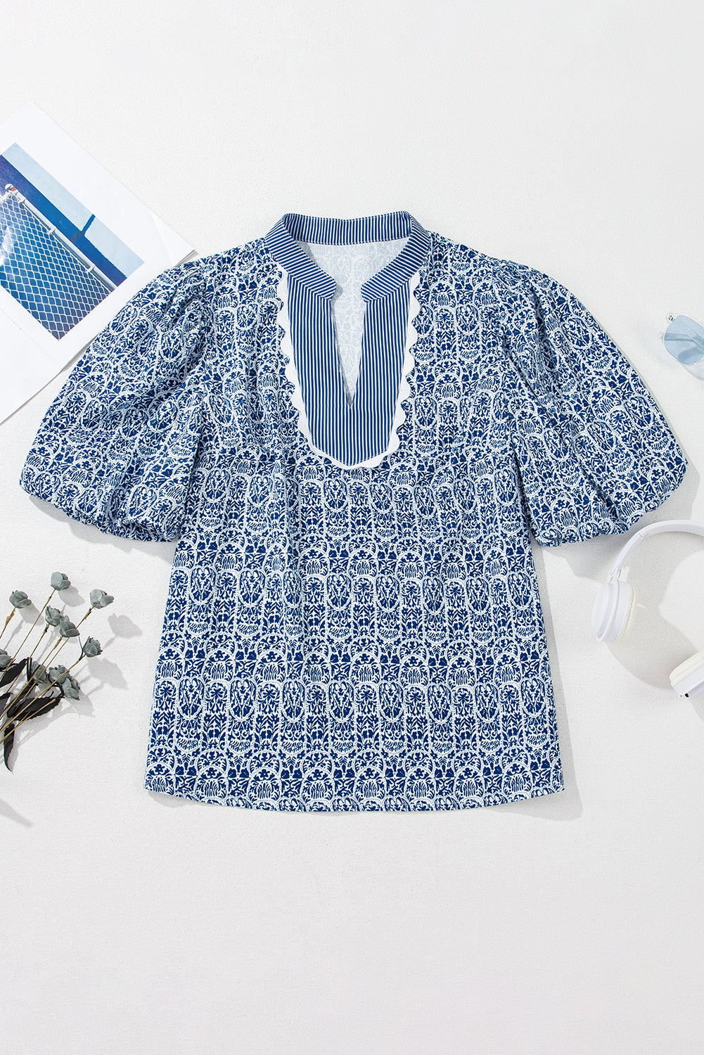 floral striped print contrast ric rac puff sleeve top