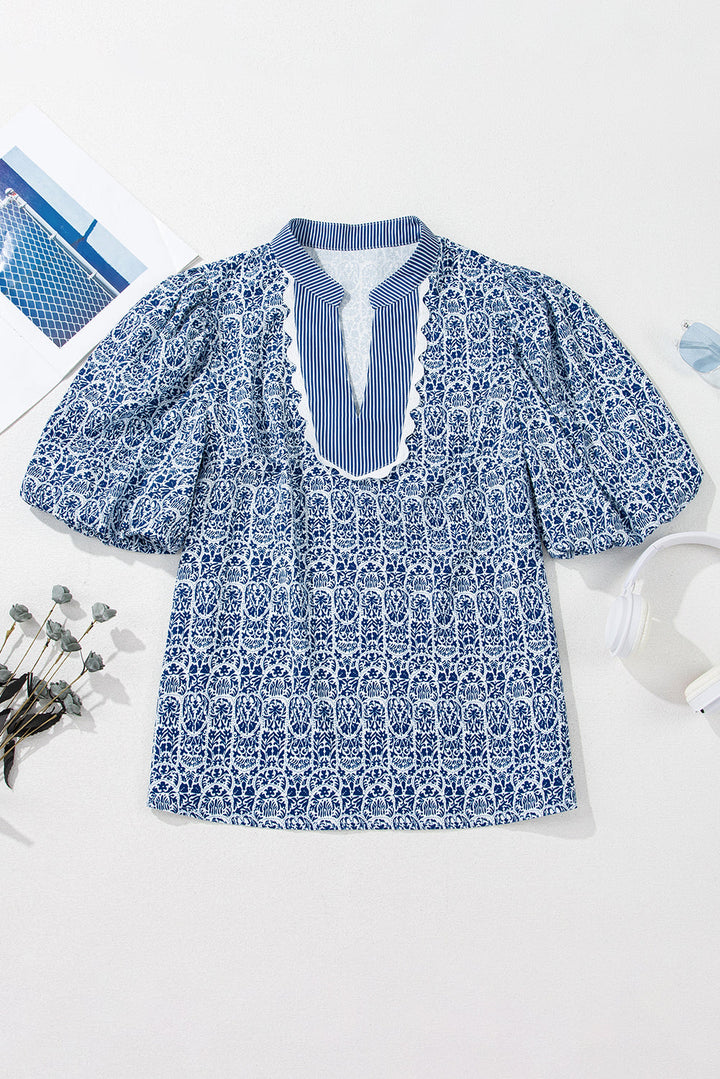 floral striped print contrast ric rac puff sleeve top