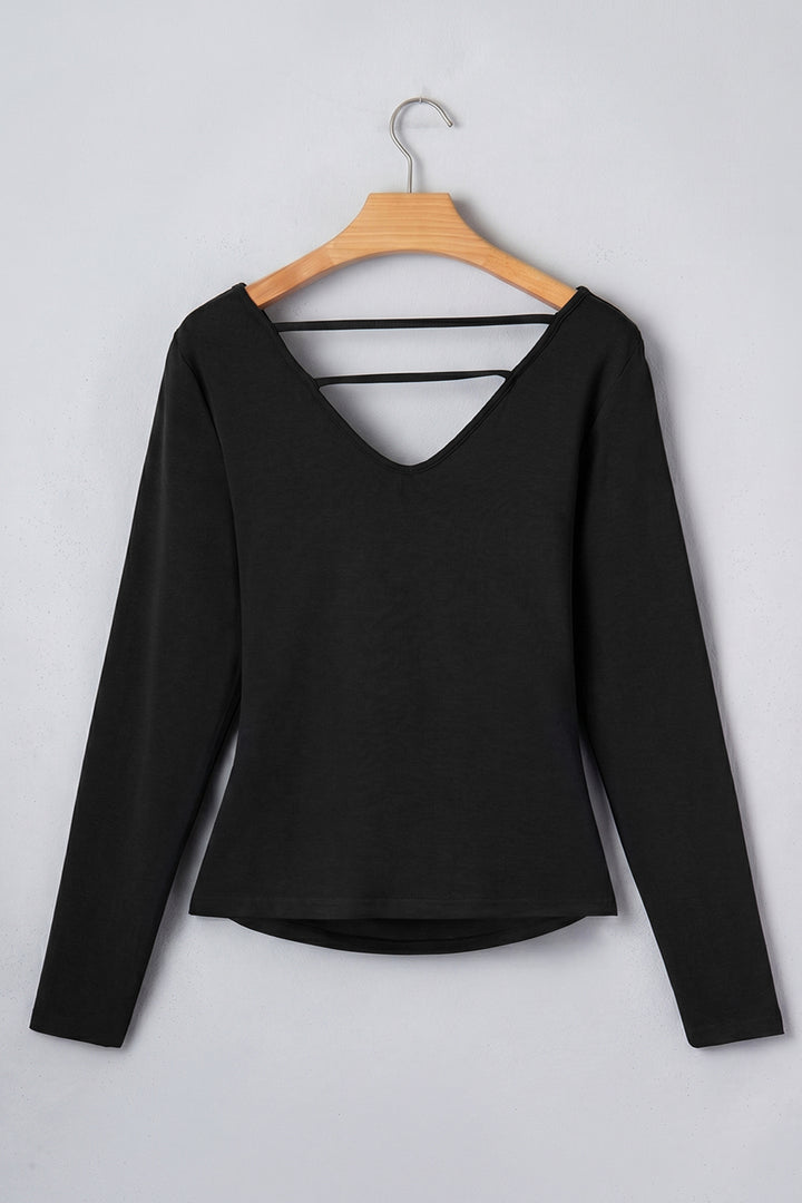 Black Color Block Drape V Neck Pleated Long Sleeve Top
