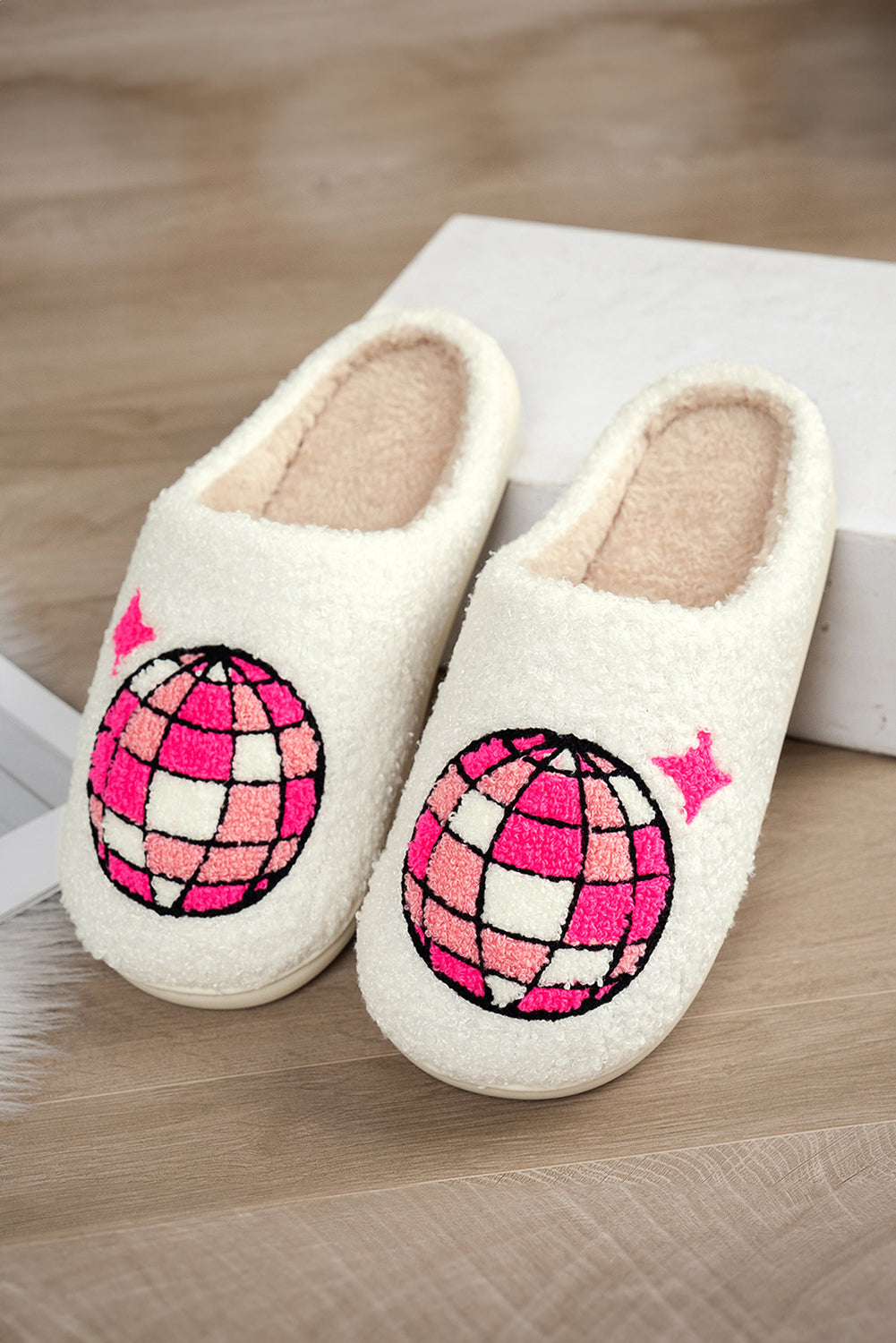 Disco Ball Print Fuzzy Winter House Slippers