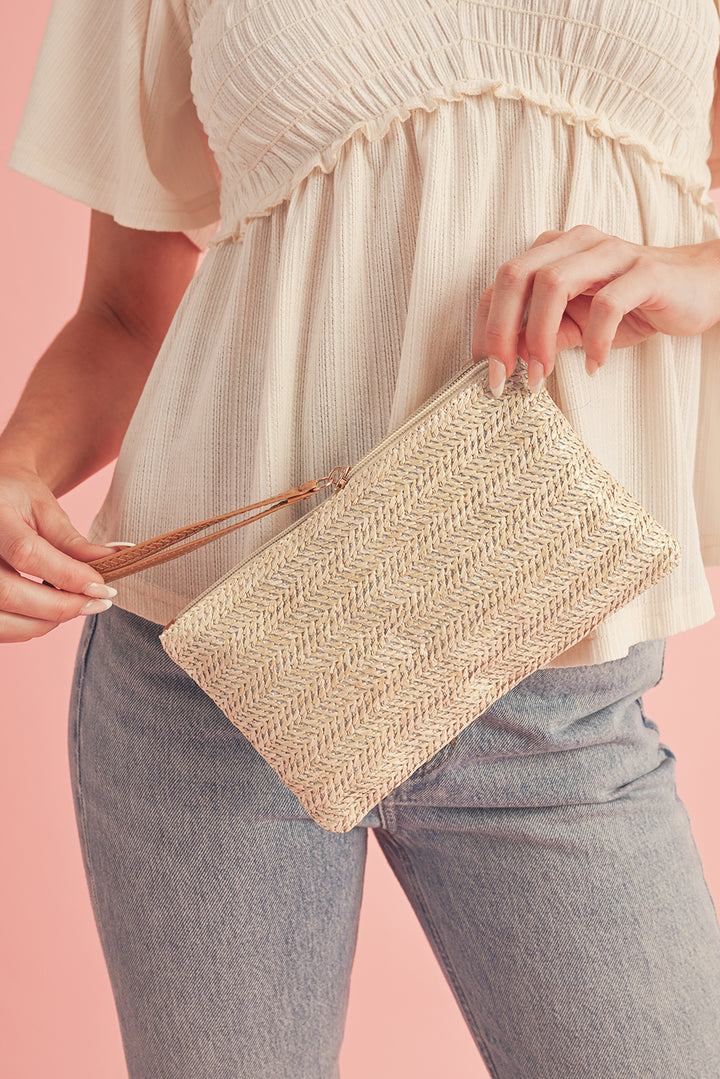 Straw Woven Wrist Strap Zipper Large Wallet