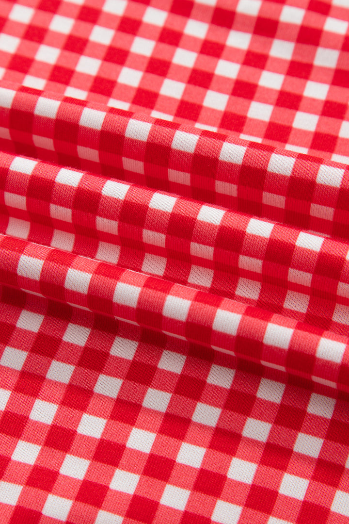 Red Gingham Oversized Ribbed Trim Crew Neck Long Sleeve Top and Skort Set