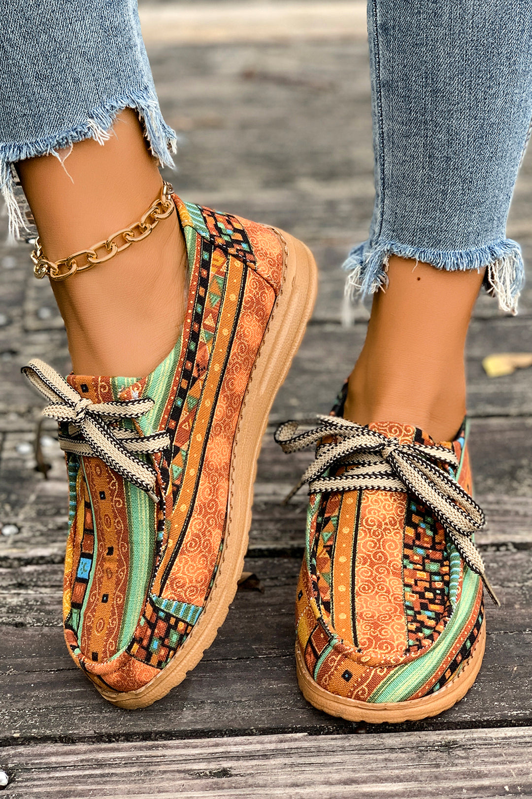 Ethnic Artistic Print Lace-up Detail Comfort Loafer Shoes