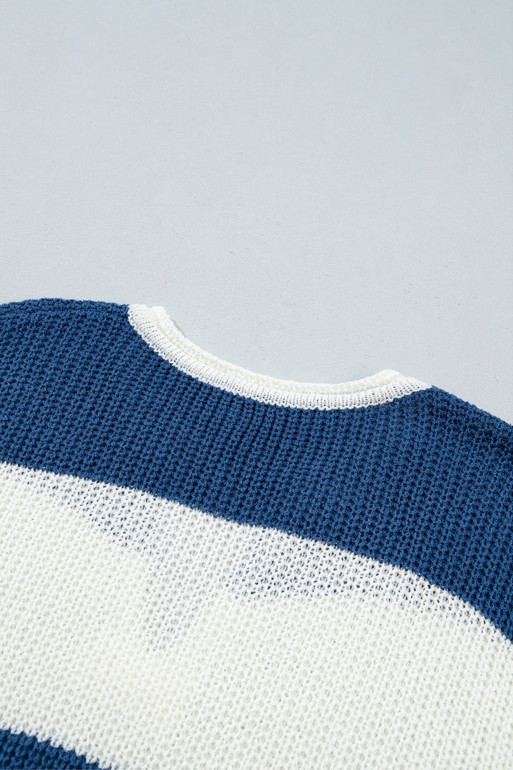 Blue Stripe Striped Colorblock Knit V Neck Short Sleeve Loose Sweater