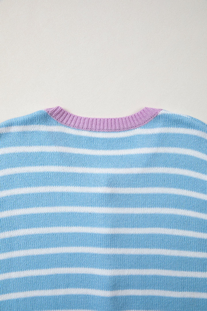 Sky Blue Stripe Striped Long Sleeve Round Neck Open Front Cardigan
