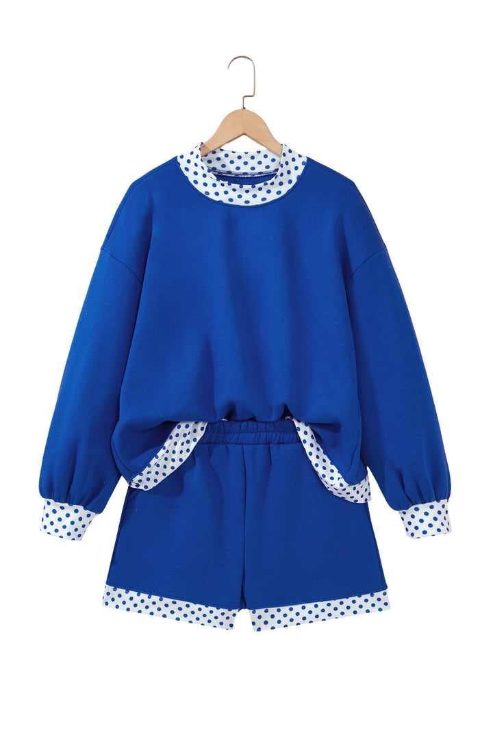 Dark Blue Polka Dot Trim Baggy Pullover 2pcs Short Set