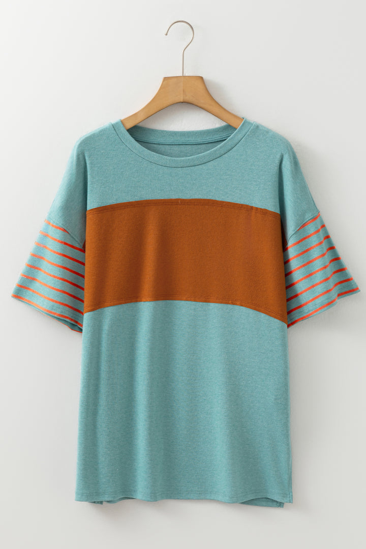Mint Green Color Block Striped Detail Loose T Shirt