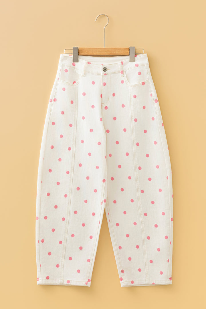 Pink Tailored Seam Polka Dot Print Barrel Casual Jeans