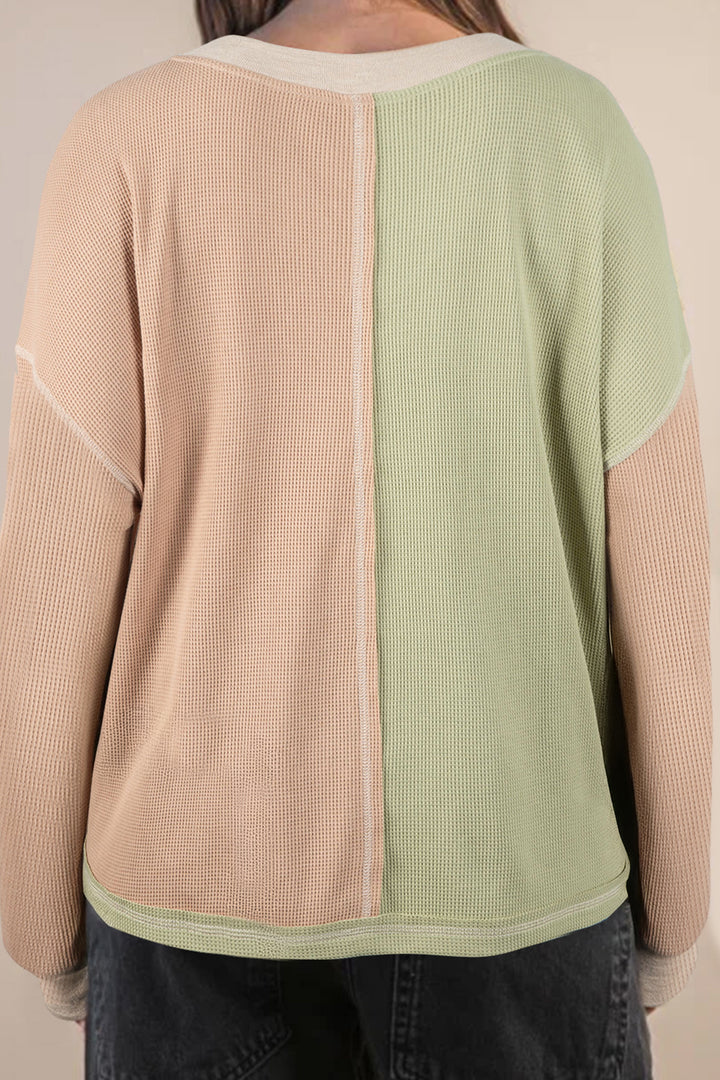 Green Plus Mixed Texture Color Block Patchwork V Neck Long Sleeve Top
