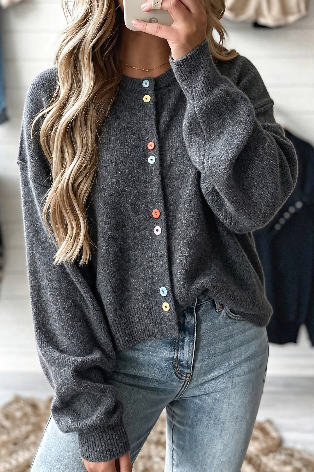 Dark Grey Colorful Buttons Dropped Shoulder Relaxed Cardigan