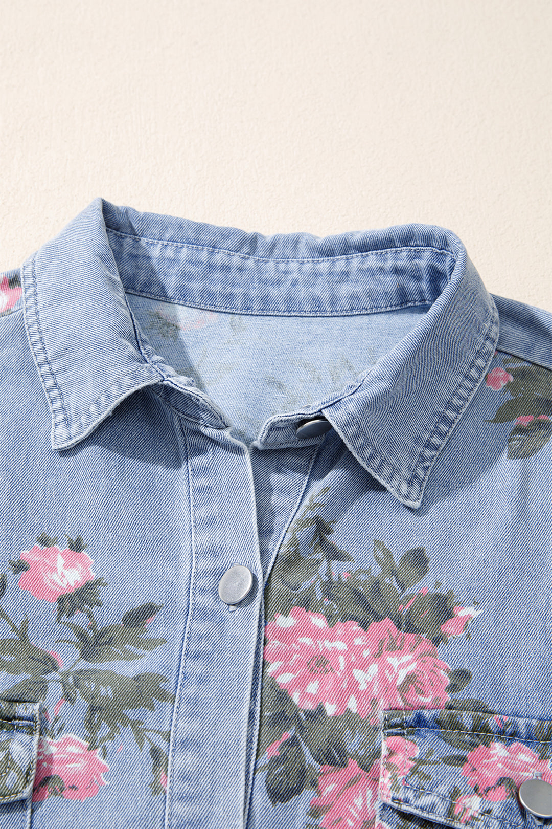 Sky Blue Denim Floral Print Cuffed Short Sleeve Shift Dress