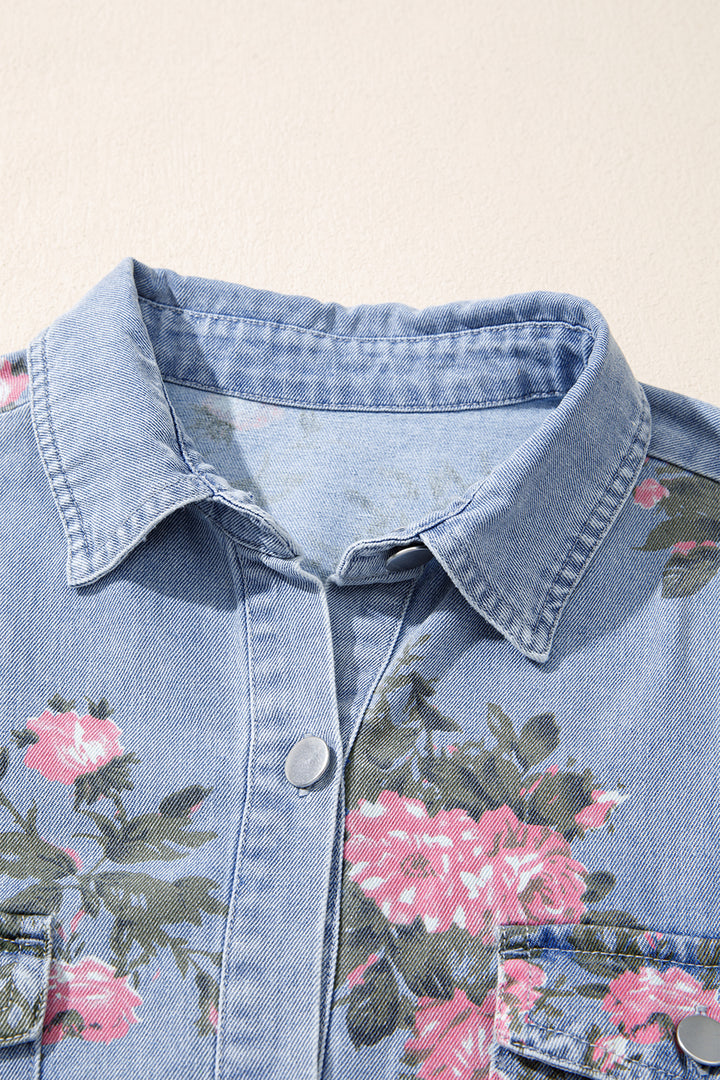 Sky Blue Denim Floral Print Cuffed Short Sleeve Shift Dress
