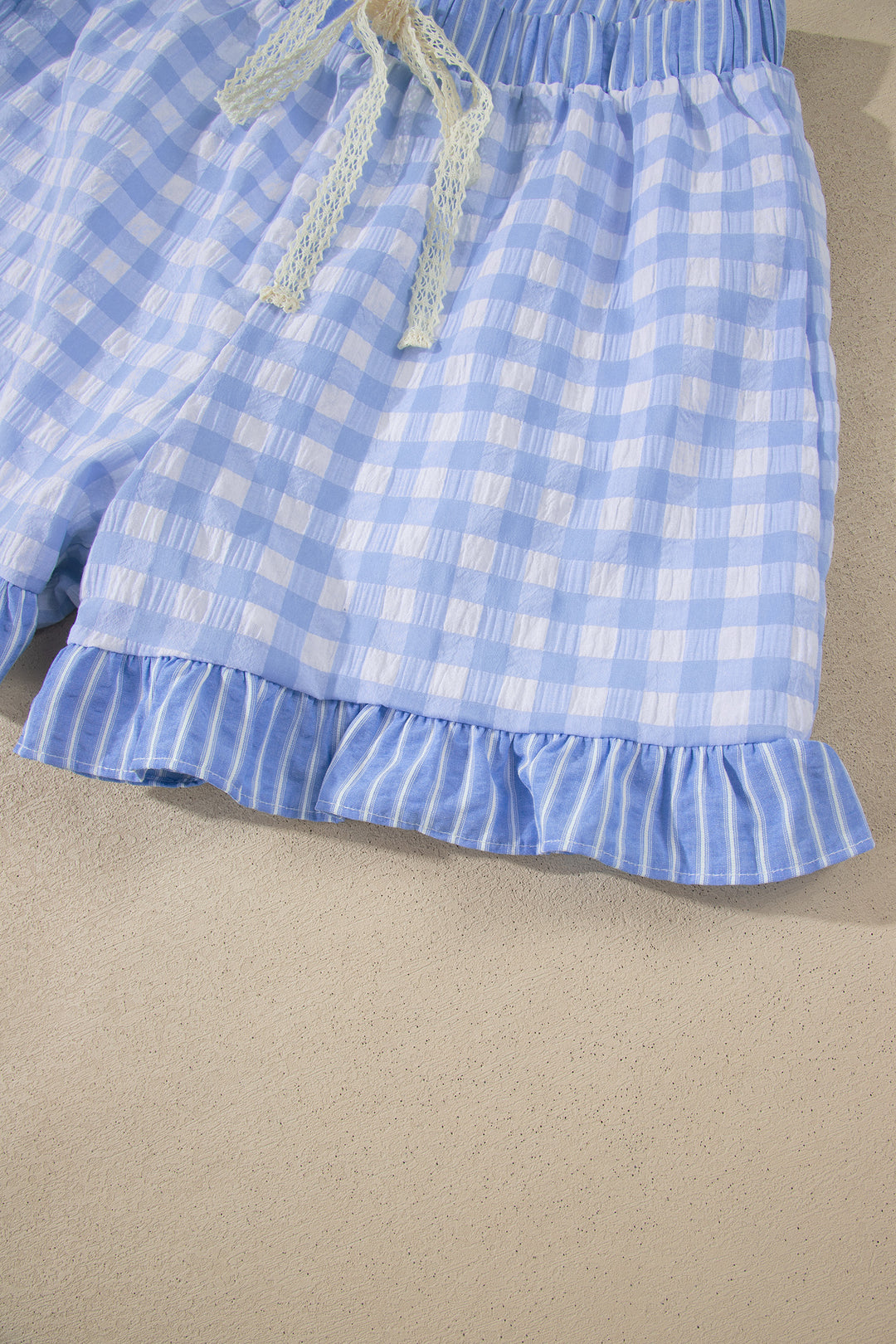 Sky Blue Gingham Print Ruffle Striped Detail Lace Tie Shorts