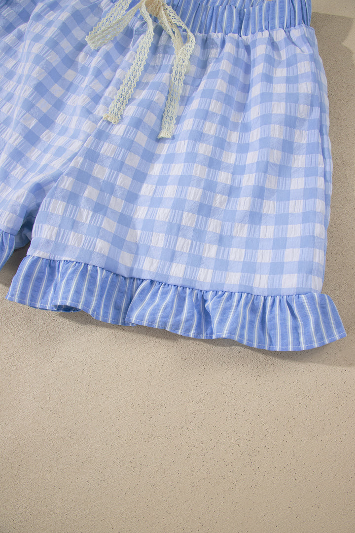 Sky Blue Gingham Print Ruffle Striped Detail Lace Tie Shorts