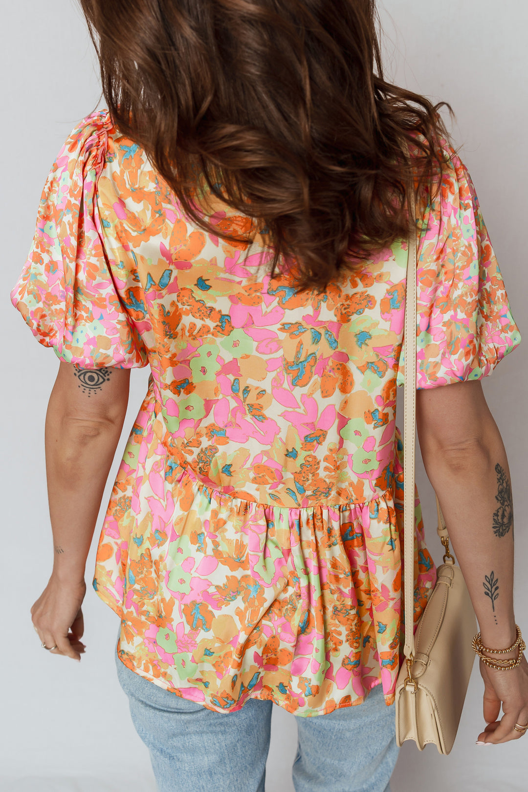 Split V Neck Short Sleeve Flower Blouse