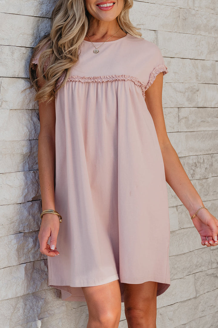 Frilled Trim Crew Neck Loose Fit Mini Dress
