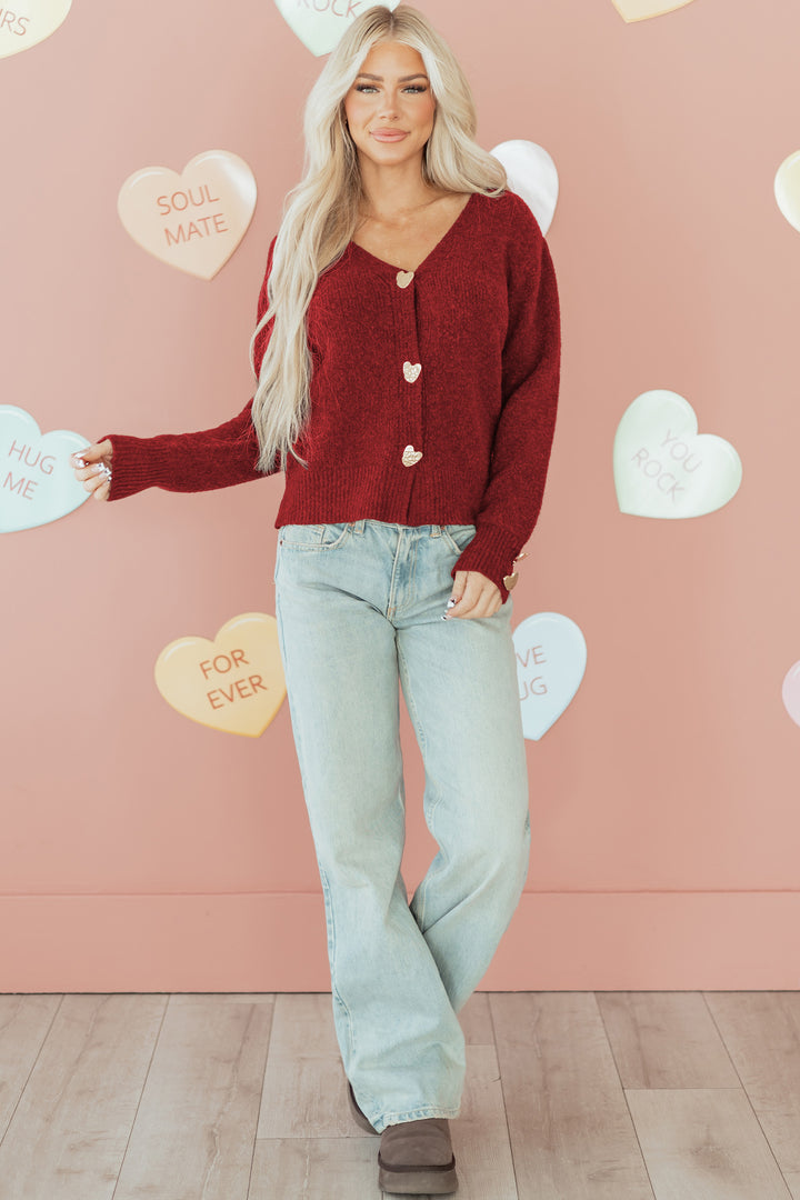 Fiery Red Heart Metal Button V Neck Wool Cardigan Sweater