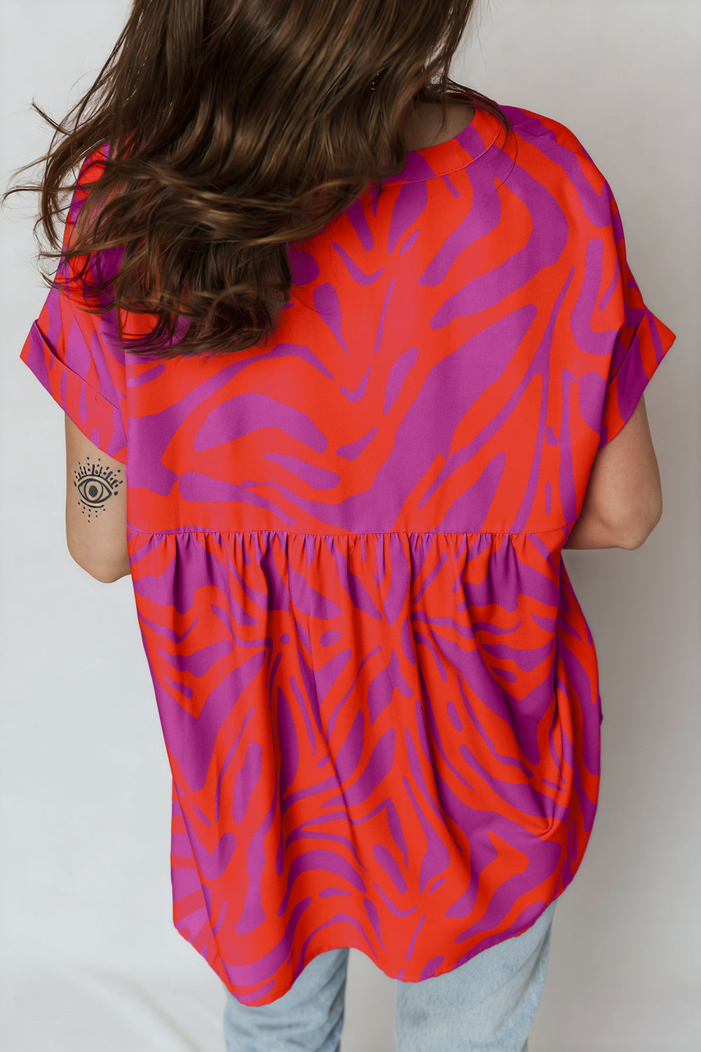 Abstract Print V Neck Cuffed Short Sleeve Shift Slit Blouse