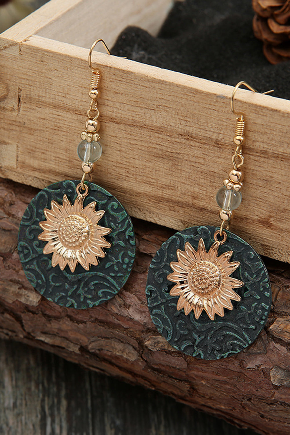 Boucles d'oreilles pendantes rétro en alliage avec disque de tournesol