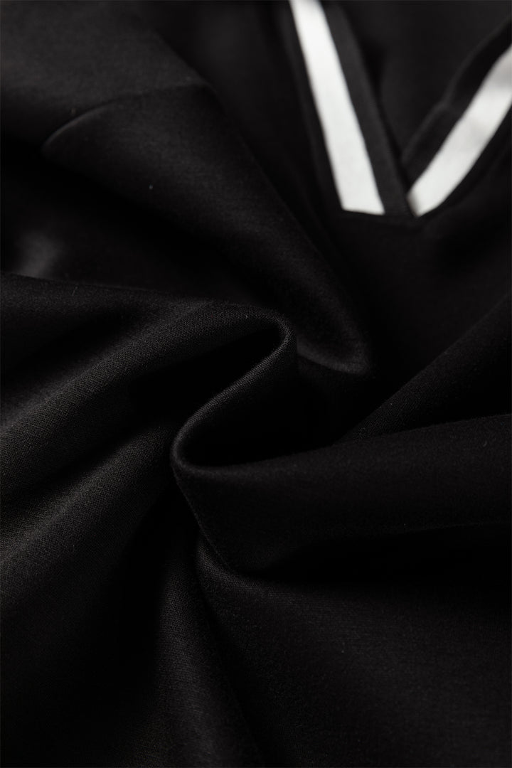 Black Striped Trim V Neck Collared Long Sleeve Shift Mini Dress